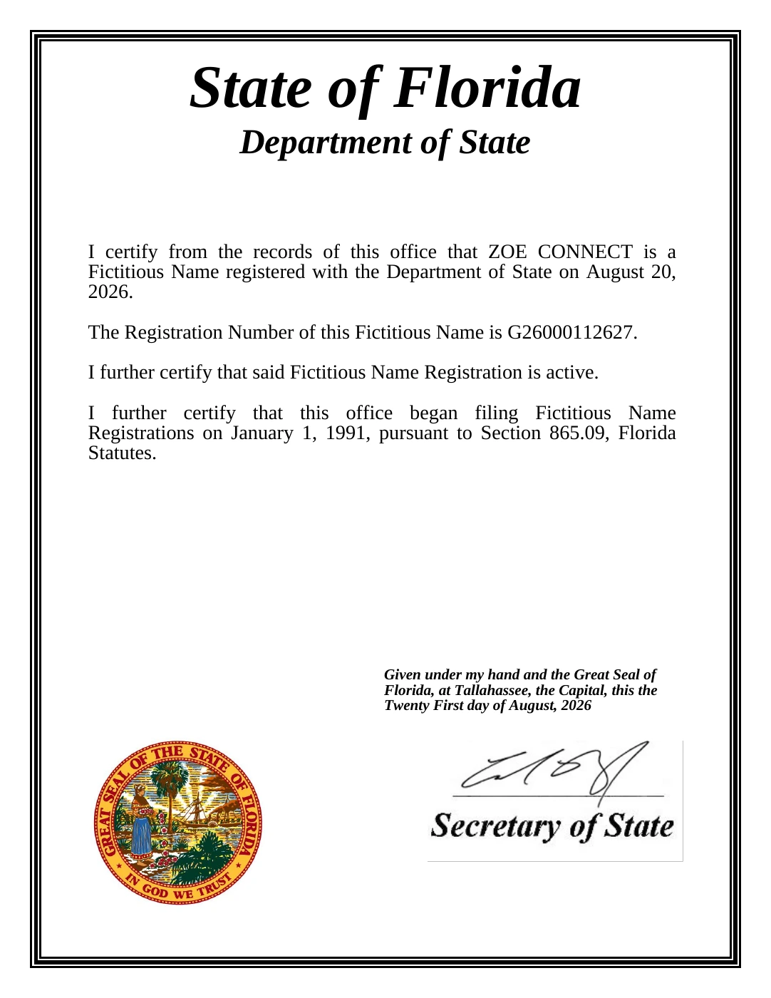 Original Florida Department of State certificate for ZOE CONNECT, registration G26000112627, issued August 21, 2026.