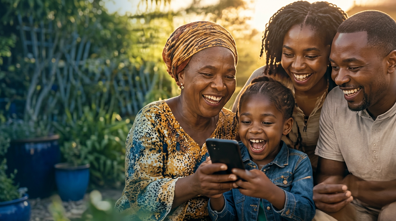 A family sharing a happy moment around a mobile phone