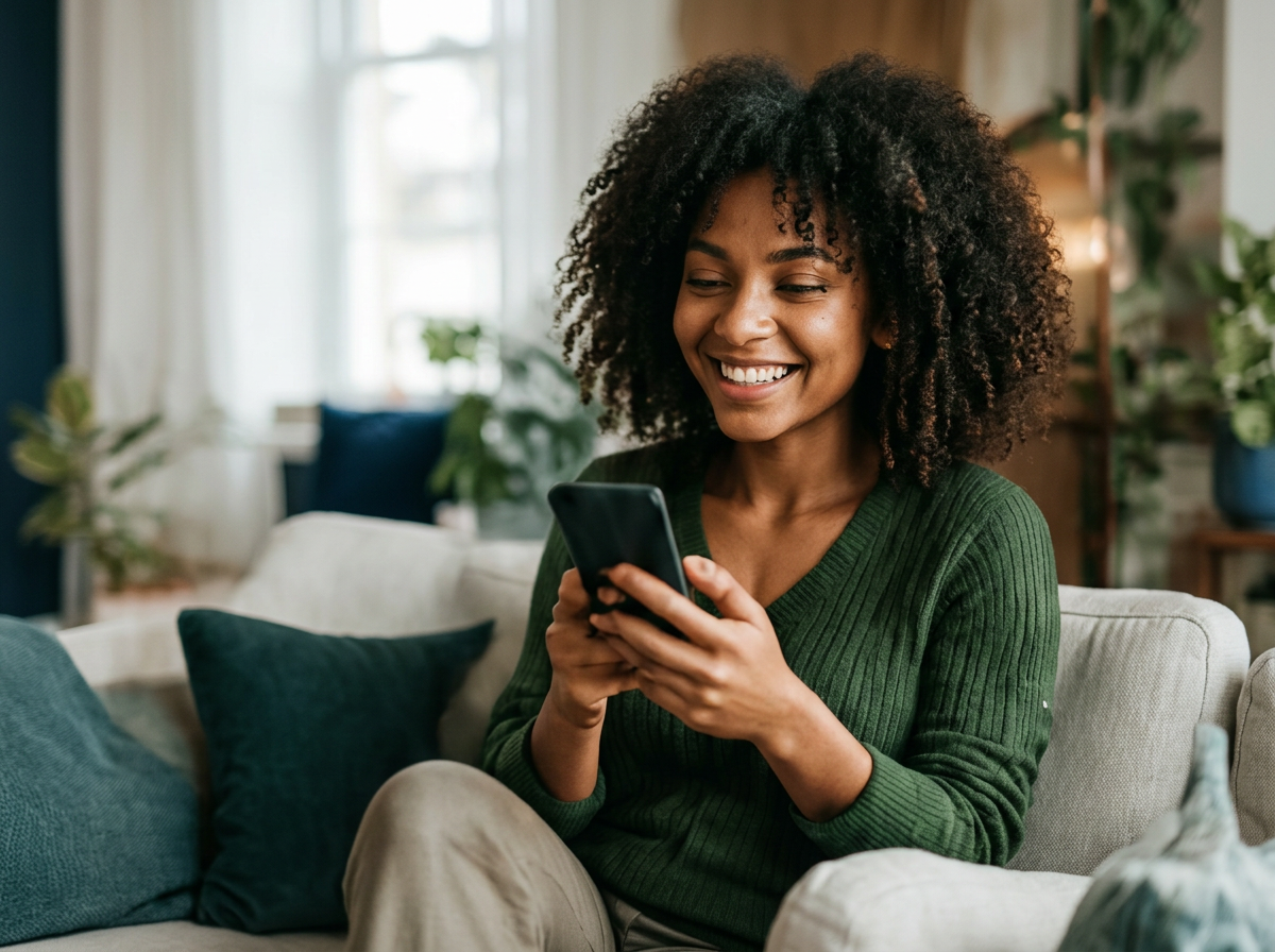 A woman smiling while reading her phone at home